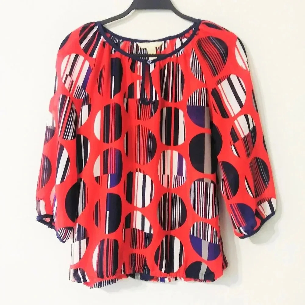 Banana‎ Republic Womens Red Navy Geometric Circle Print Keyhole Blouse Medium